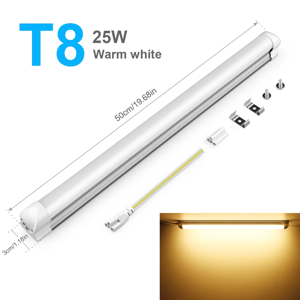 50cm T5/T8 High Brightness LED Light Tube No Power Plug Tube Lamp White/Warm White For Warehouse Garage Kitchen Shop Factory - GlowMart