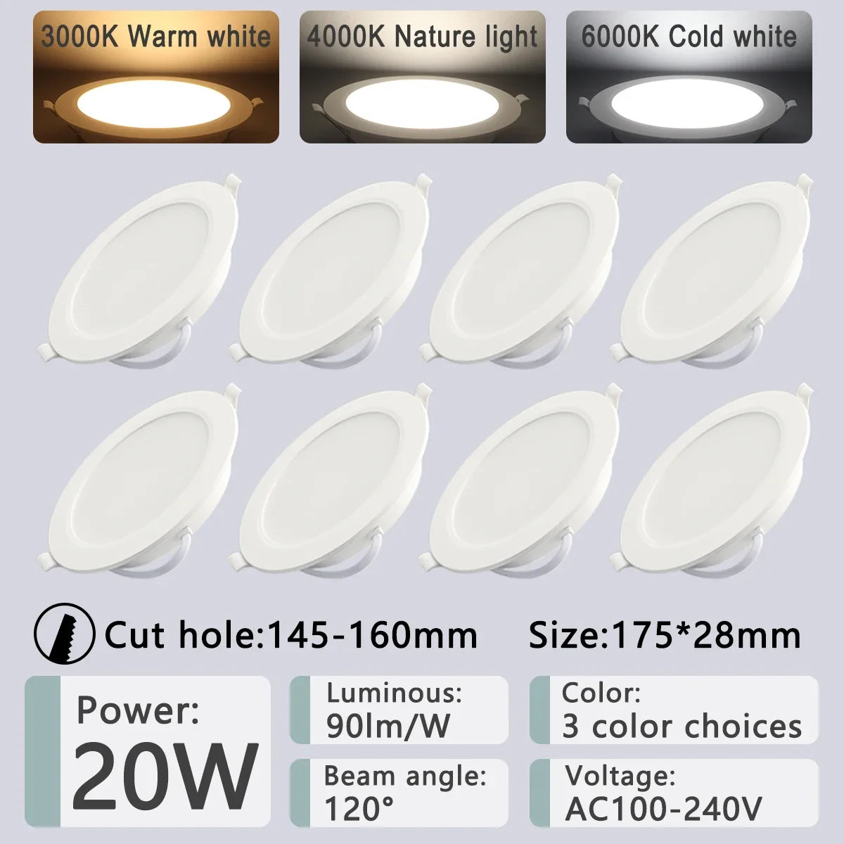 8 Pack Recessed Led Downlight 3 4 5 6 8 Inch 3000K 4000K 6000K Round Led Panel Light 110V 220V 230V for Home Indoor Lighting - GlowMart
