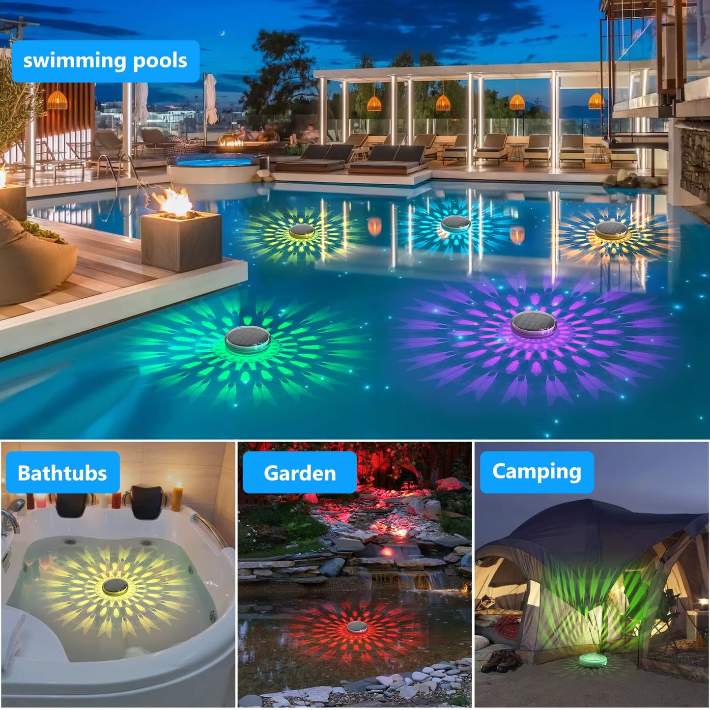 Solar Rechargeable Floating Pool Lights, RGB Changing Pool Light, Waterproof LED Solar Powered That Float with Remote Control