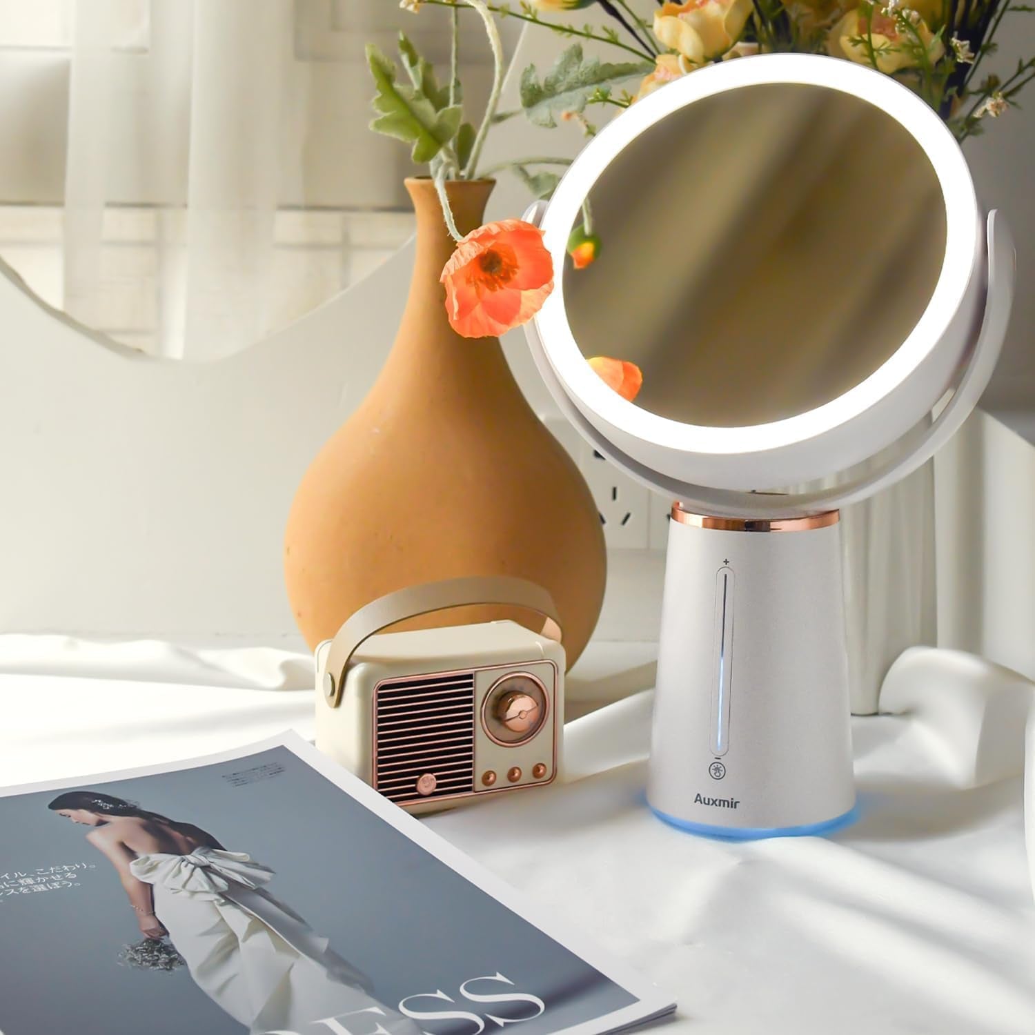 Makeup Mirror with Lights, 8.3'' Double-Sided 10X/1X Magnifying Mirror, 2500Mah USB Rechargeable Mirrors with 52 LED Lights and 10 Brightness, 360° Rotating Vanity Mirror for Bedroom, Bathroom