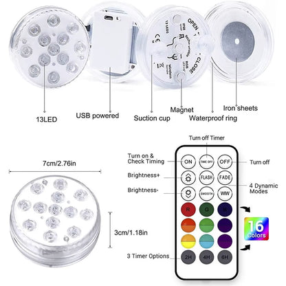 13 Leds Magnetic Submersible LED Light Waterproof Underwater Light USB Rechargeable Swimming Pool Night Lamp with Suction Cups