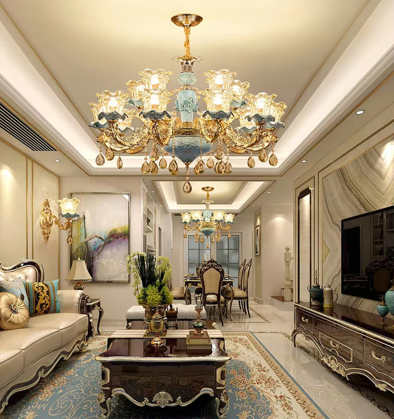 European-Style Luxury Living Room Chandelier Jane European American Blue Ceramic Crystal Chandelier 2019 New Bedroom.