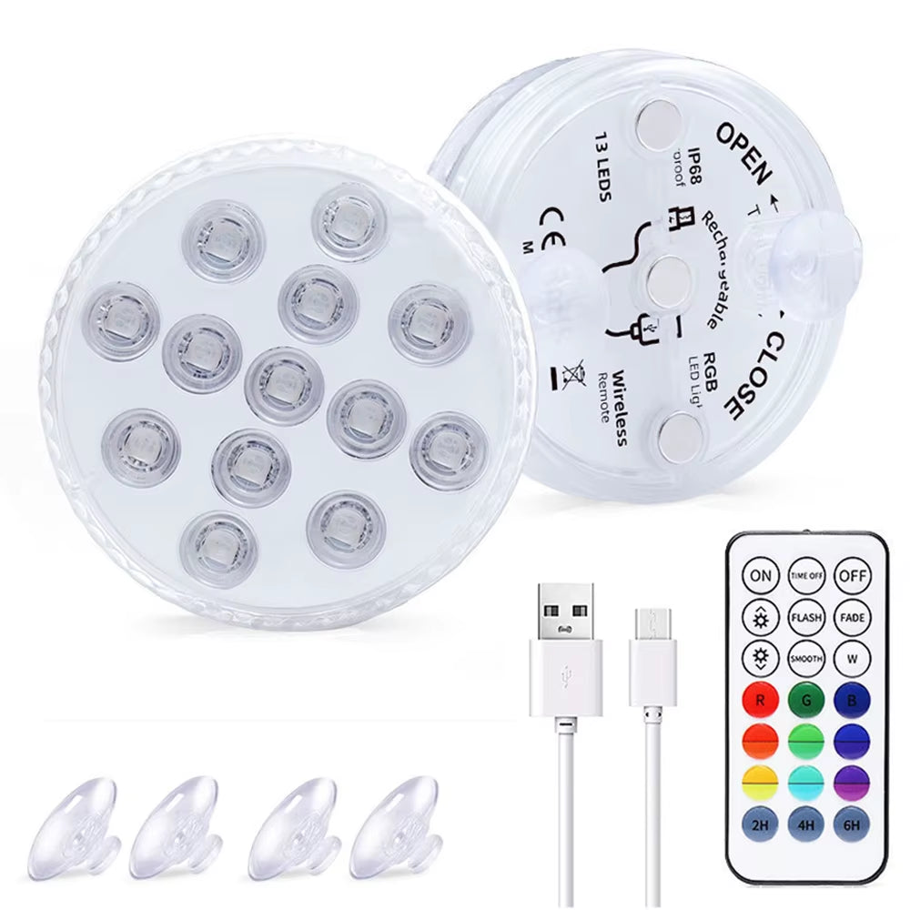 13 Leds Magnetic Submersible LED Light Waterproof Underwater Light USB Rechargeable Swimming Pool Night Lamp with Suction Cups
