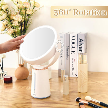 Makeup Mirror with Lights, 8.3'' Double-Sided 10X/1X Magnifying Mirror, 2500Mah USB Rechargeable Mirrors with 52 LED Lights and 10 Brightness, 360° Rotating Vanity Mirror for Bedroom, Bathroom
