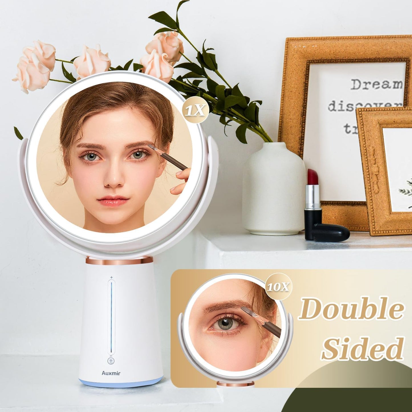 Makeup Mirror with Lights, 8.3'' Double-Sided 10X/1X Magnifying Mirror, 2500Mah USB Rechargeable Mirrors with 52 LED Lights and 10 Brightness, 360° Rotating Vanity Mirror for Bedroom, Bathroom