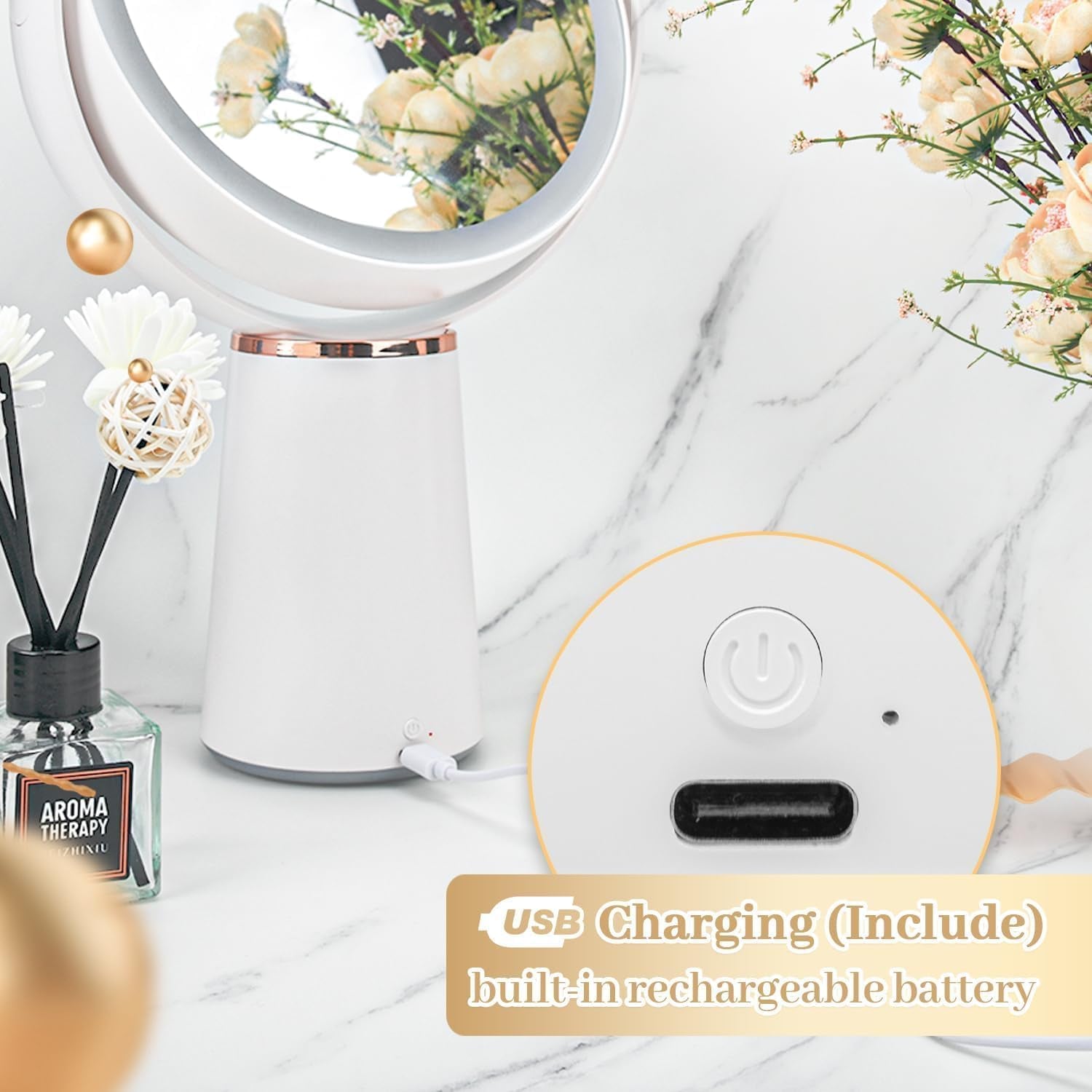 Makeup Mirror with Lights, 8.3'' Double-Sided 10X/1X Magnifying Mirror, 2500Mah USB Rechargeable Mirrors with 52 LED Lights and 10 Brightness, 360° Rotating Vanity Mirror for Bedroom, Bathroom