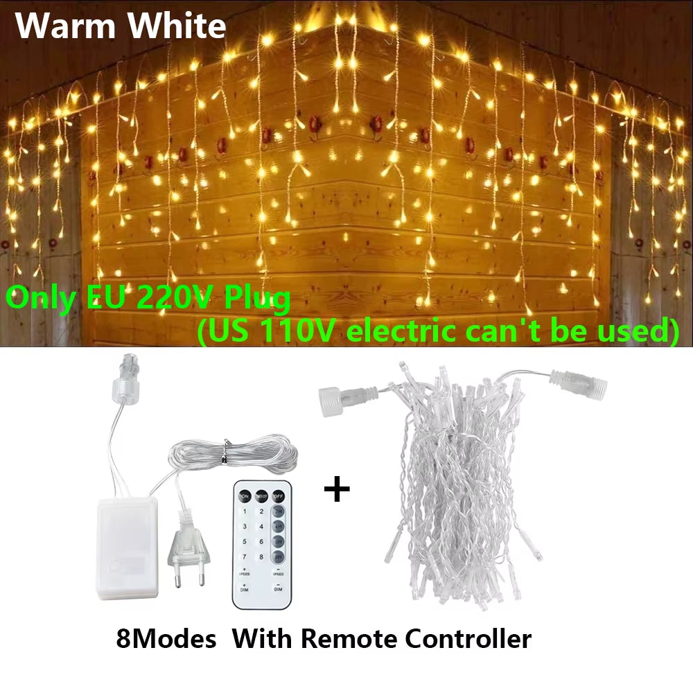 3.5-40M LED Icicle String Lights Christmas Curtain Fairy Lights Garland Remote Outdoor for New Year Wedding Street Holiday Decor