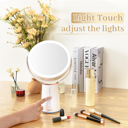 Makeup Mirror with Lights, 8.3'' Double-Sided 10X/1X Magnifying Mirror, 2500Mah USB Rechargeable Mirrors with 52 LED Lights and 10 Brightness, 360° Rotating Vanity Mirror for Bedroom, Bathroom