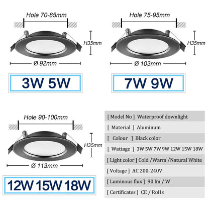 LED Downlight 220V Black Waterproof Ceiling Lamp 3w 5w 7w 9w12w15w 18W Aluminum Recessed Downlights Round Led Panel Light Indoor - GlowMart