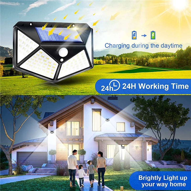 Solar Lights Outdoor 100LED 3 Modes 270° Lighting Angle Motion Sensor Security Lights for Backyard Garden Fence Patio Front Door