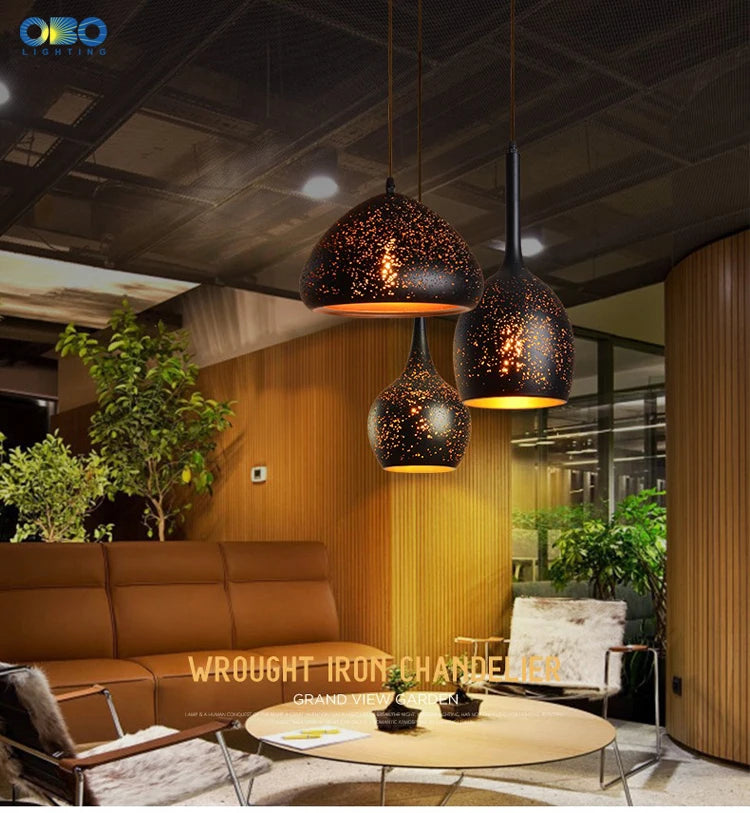 Vintage Pendant Lamp Black Iron Etching Lampshade Bar/Teahouse/Restaurant Indoor Lighting American Creative E27 Pendant Lights - GlowMart