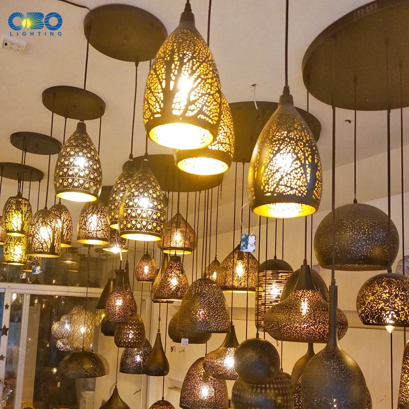 Vintage Pendant Lamp Black Iron Etching Lampshade Bar/Teahouse/Restaurant Indoor Lighting American Creative E27 Pendant Lights - GlowMart