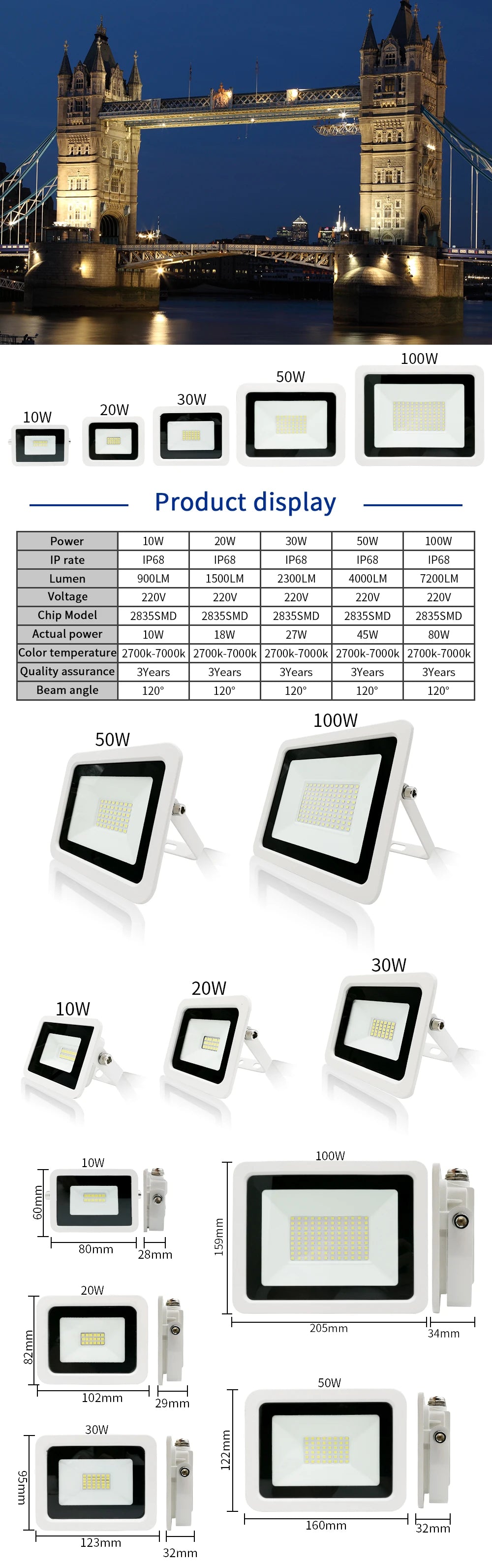LED Flood Light 10W 20W 30W 50W 100W Floodlight IP68 Waterproof 220V-240V Spotlight Refletor Outdoor Graden Lighting Newest - GlowMart