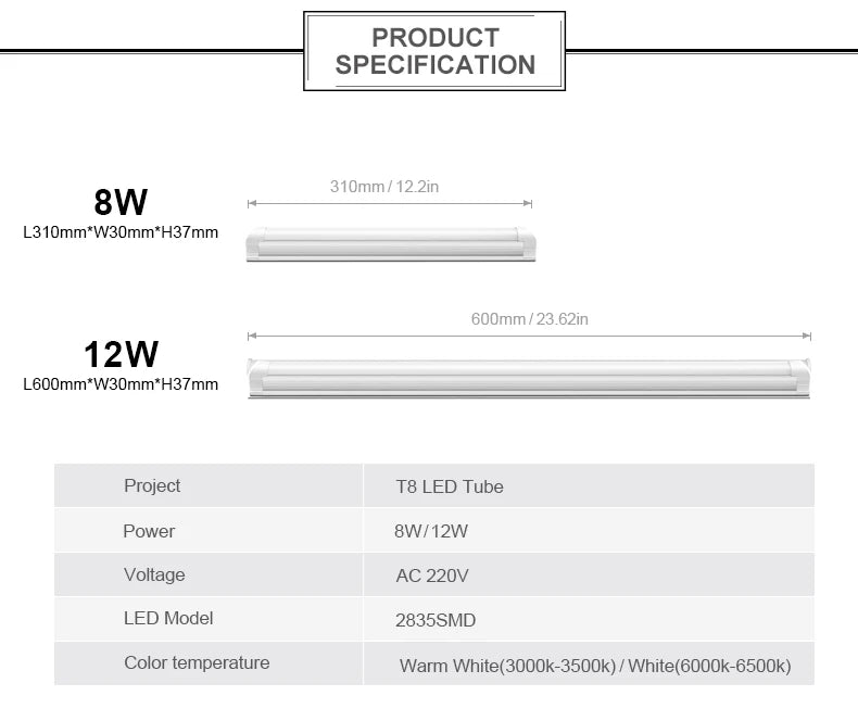 T5 T8 fluorescent lamp LED lamp 30cm 60cm 6w 10W cold white light 110V 220V LED lamp integration, kitchen lighting - GlowMart