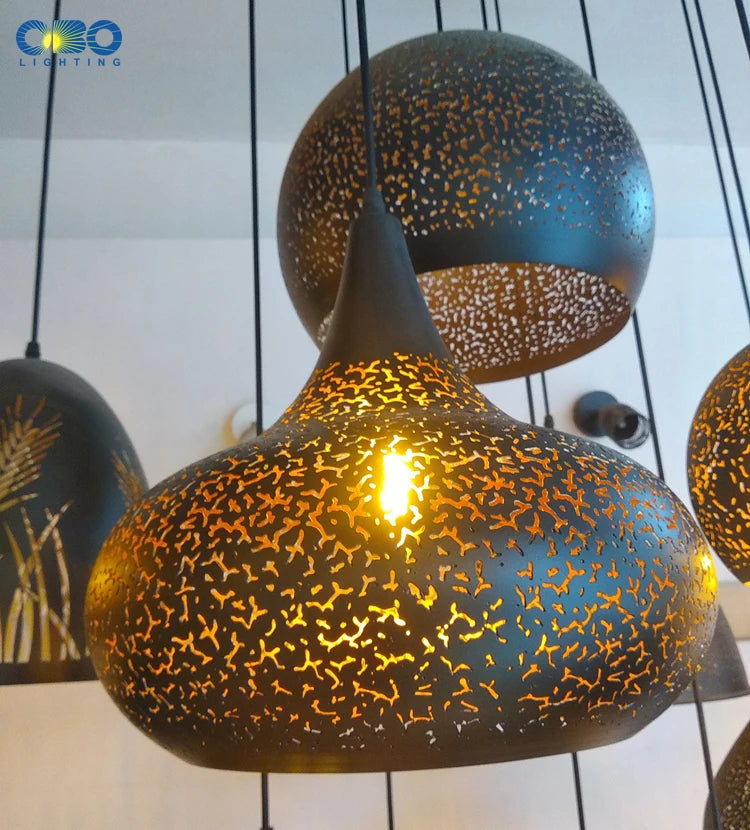 Vintage Pendant Lamp Black Iron Etching Lampshade Bar/Teahouse/Restaurant Indoor Lighting American Creative E27 Pendant Lights - GlowMart