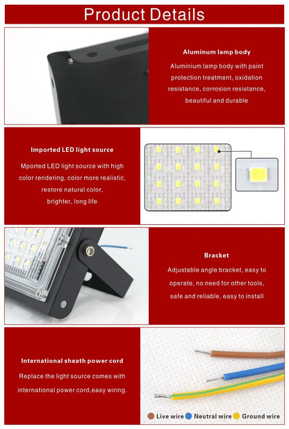 Led Flood Light 50W 220V Outdoor Floodlight IP65 Waterproof LED Street Lamp Cold/Warm white Red Green Blue RGB Spotlight - GlowMart