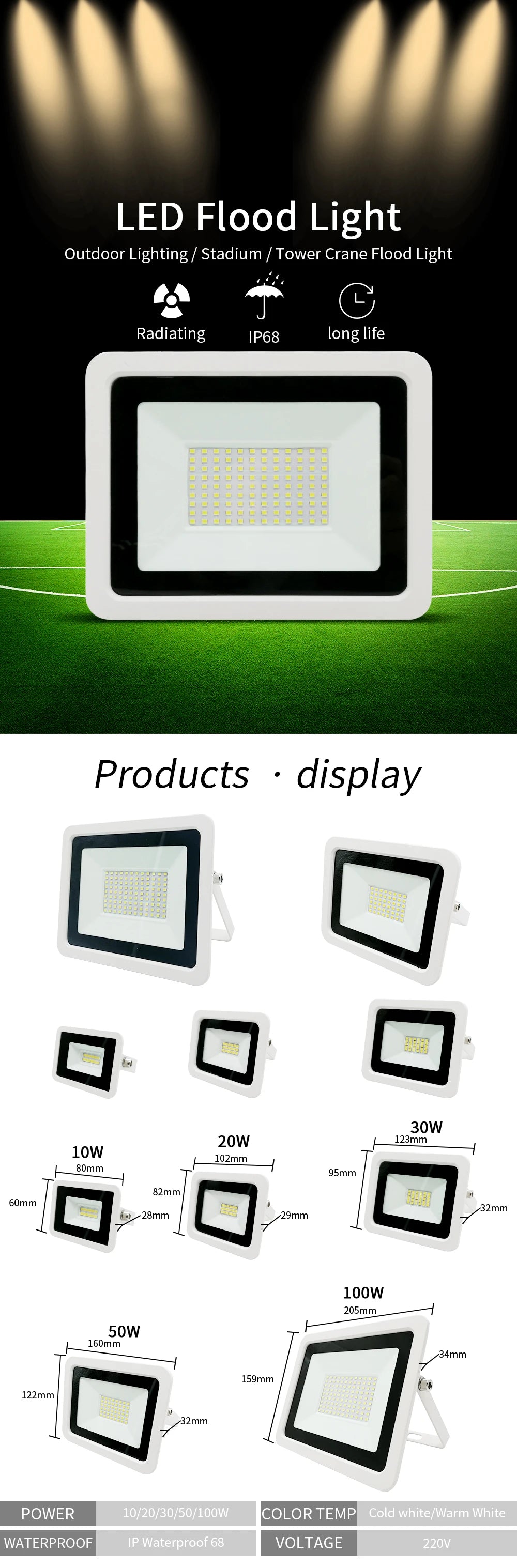 LED Flood Light 10W 20W 30W 50W 100W AC220V IP68 Waterproof Projector Lighting Outdoor Spotlight Reflector Wall Lamp Street Lamp - GlowMart