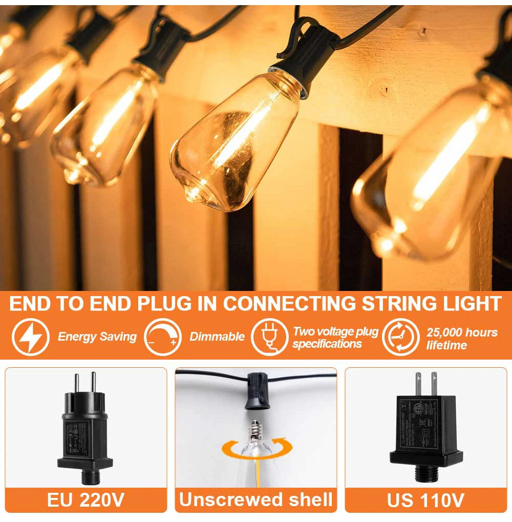 LED Outdoor String Light 12V Output Patio Lights with ST38 Vintage Plastic Bulb Waterproof Hanging String Lights for Backyard