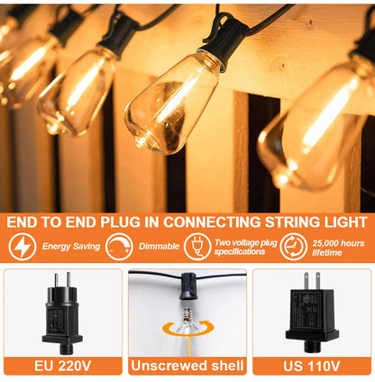 LED Outdoor String Light 12V Output Patio Lights with ST38 Vintage Plastic Bulb Waterproof Hanging String Lights for Backyard