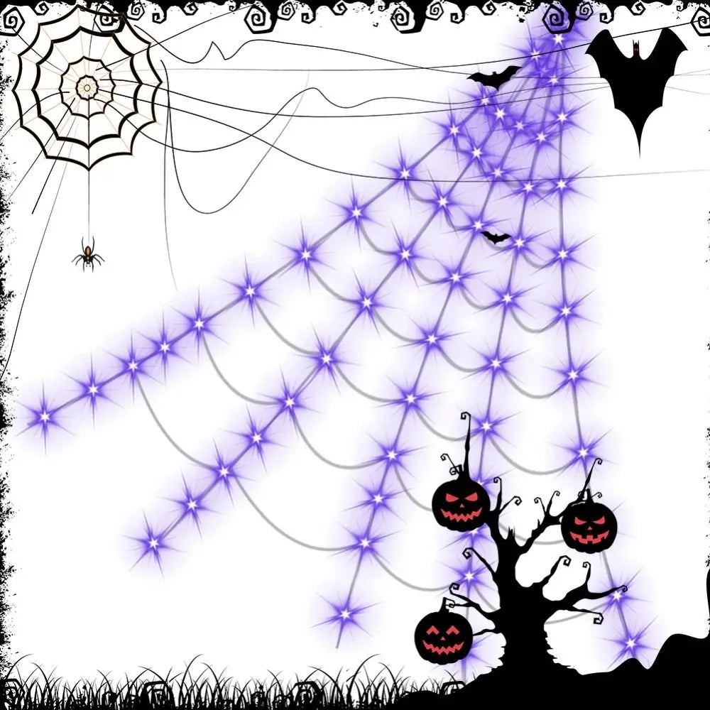 8 Modes Halloween Spider Web Lights Glow Waterproof LED Spider Net Triangle Hanging Scary Giant Spider Party