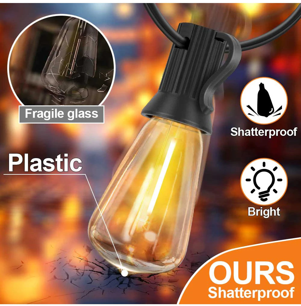 LED Outdoor String Light 12V Output Patio Lights with ST38 Vintage Plastic Bulb Waterproof Hanging String Lights for Backyard
