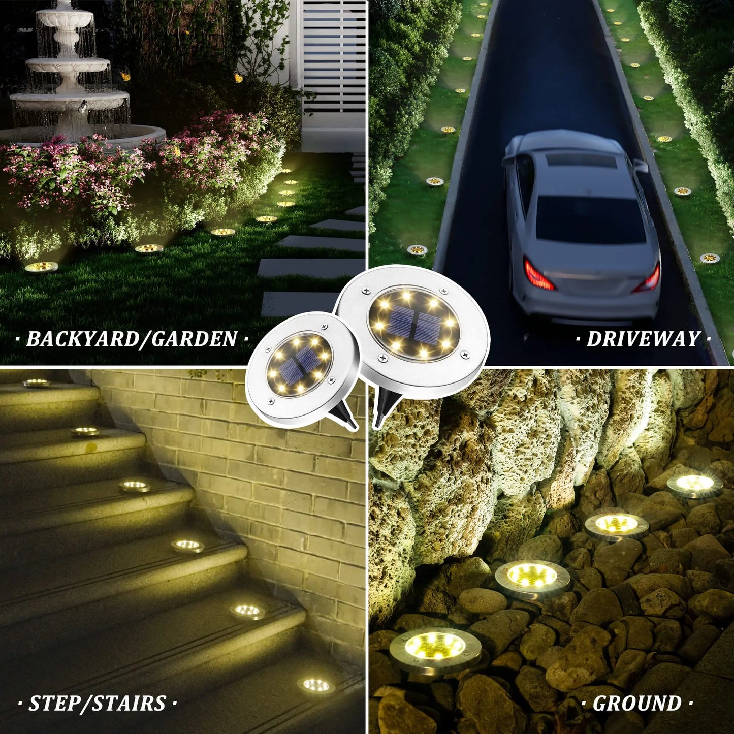 8LED Solar Garden Lights Outdoor Waterproof Sidewalk Disk Bright In-Ground Landscape Lighting for Lawn Patio Pathway Yard Steps