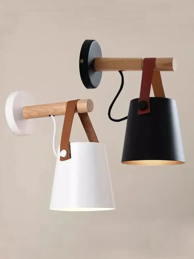 LED Bedside Wall Lamp Nordic Wood Leather Belt Hanging Sconces for Bedroom Study Living Room Modern Home Indoor Decorative Light