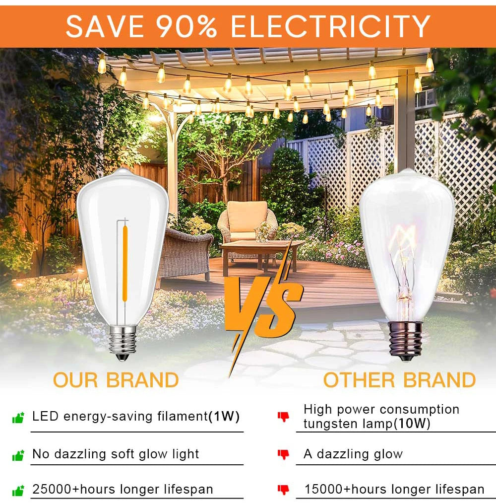 LED Outdoor String Light 12V Output Patio Lights with ST38 Vintage Plastic Bulb Waterproof Hanging String Lights for Backyard