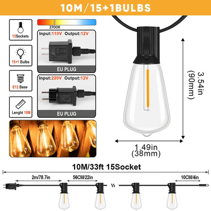 LED Outdoor String Light 12V Output Patio Lights with ST38 Vintage Plastic Bulb Waterproof Hanging String Lights for Backyard