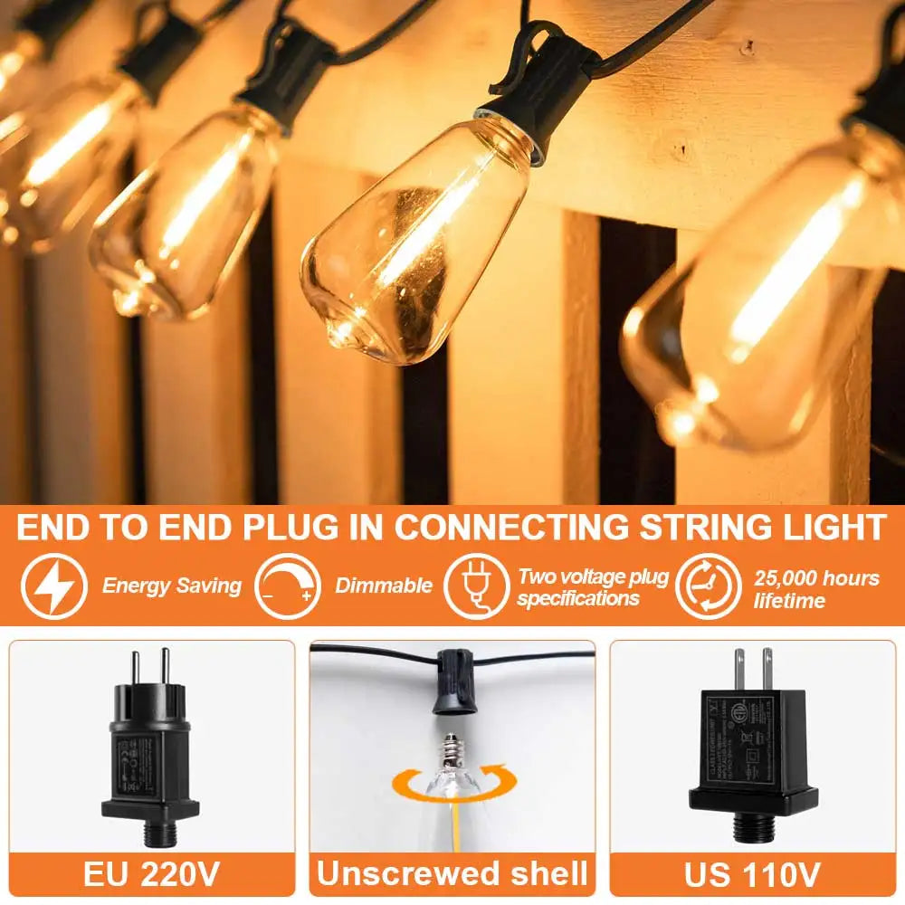 LED Outdoor String Light 12V Output Patio Lights with ST38 Vintage Plastic Bulb Waterproof Hanging String Lights for Backyard