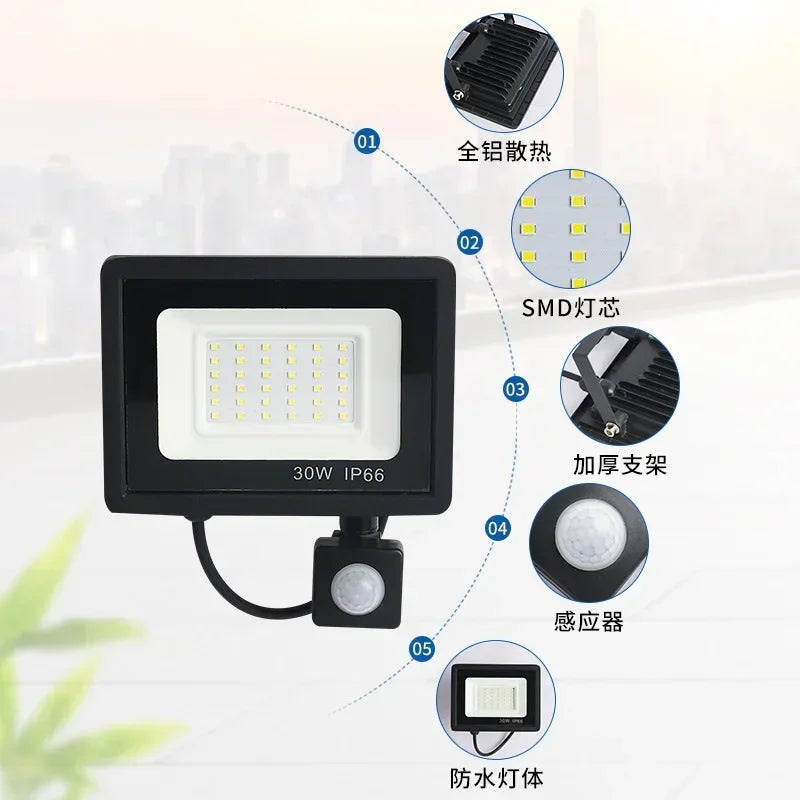 LED Floodlights 100W 50W 30W 20W 10W PIR Motion Sensor IP66 Waterproof LED 220V Hanging Exterior Outdoor Wall Lamp Spotlight - GlowMart