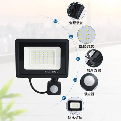 LED Floodlights 100W 50W 30W 20W 10W PIR Motion Sensor IP66 Waterproof LED 220V Hanging Exterior Outdoor Wall Lamp Spotlight - GlowMart