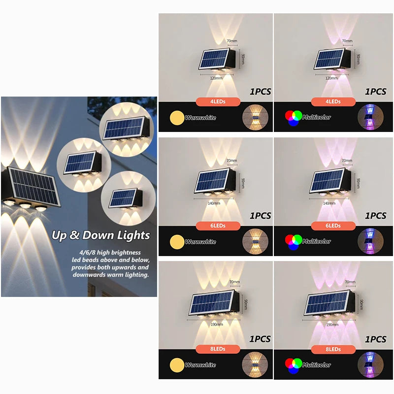 4/6/8LED Solar Wall Spotlight Outdoor Upper And Lower Lighting Solar Powered Waterproof Streetlight for Balcony Courtyard Garden - GlowMart