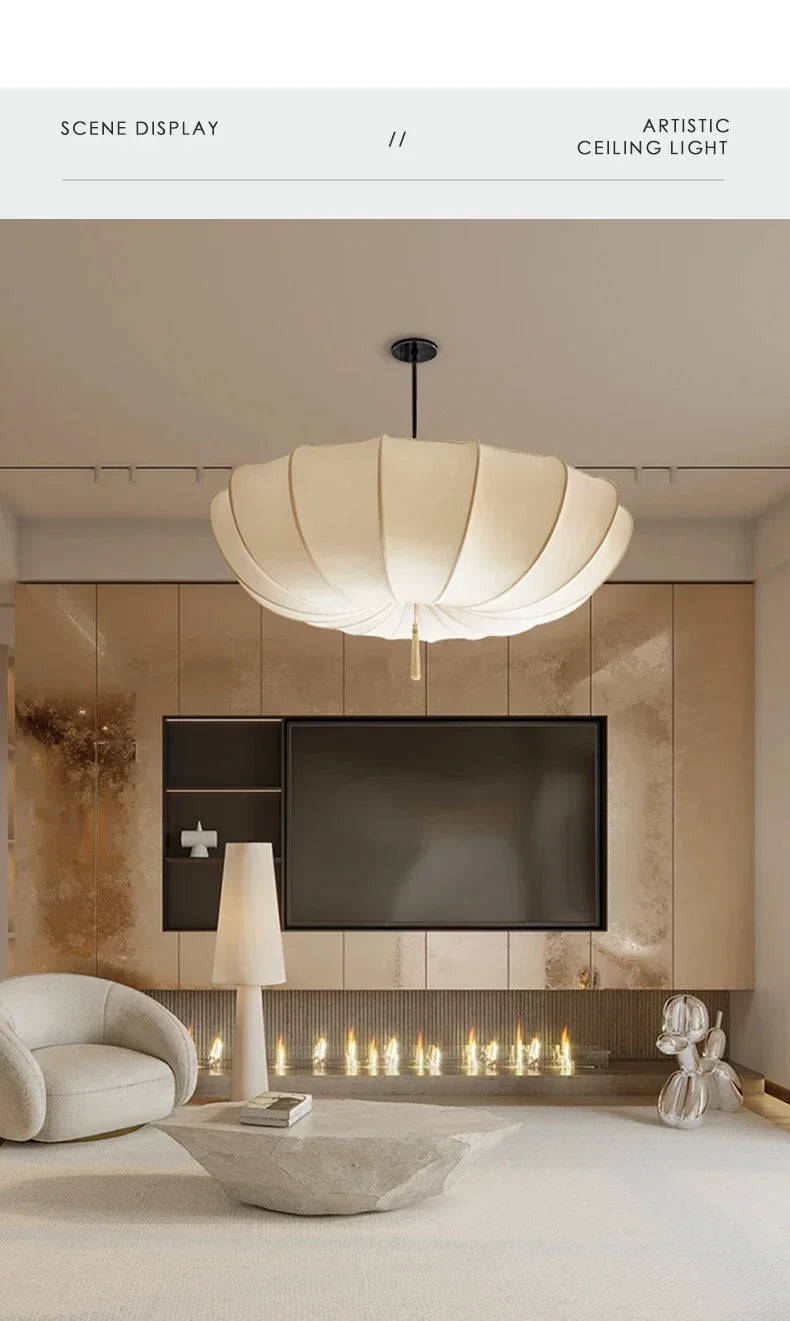 Artistic Fabric Pendant Light French Cream Style Bedroom Pendant Lamp Living Room Dining Room Decorative Lighting Fixtures - GlowMart