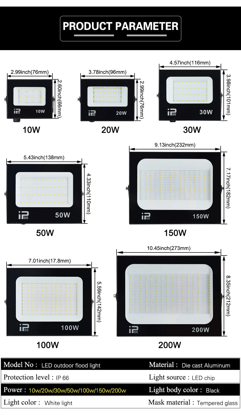 200W LED Flood light Spotlight Projector Outdoor Lighting 6500k Waterproof IP66 for Wall Garage Gym Street 220V - GlowMart