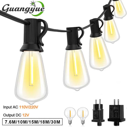 LED Outdoor String Light 12V Output Patio Lights with ST38 Vintage Plastic Bulb Waterproof Hanging String Lights for Backyard