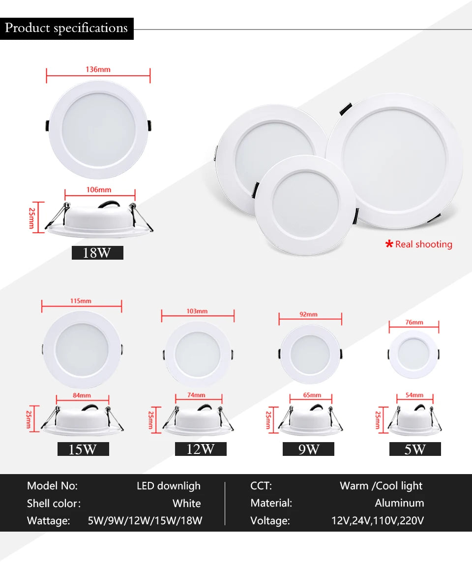 LED Downlight 5W 9W 12W 15W Recessed Ceiling Lamp AC110V 220V DC12V 24V Led Panel Down Lights Spotlight for Living Room Lighting - GlowMart