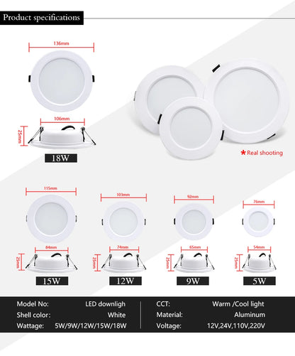 LED Downlight 5W 9W 12W 15W Recessed Ceiling Lamp AC110V 220V DC12V 24V Led Panel Down Lights Spotlight for Living Room Lighting - GlowMart