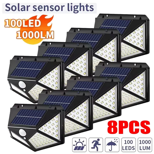 Solar Lights Outdoor 100LED 3 Modes 270° Lighting Angle Motion Sensor Security Lights for Backyard Garden Fence Patio Front Door