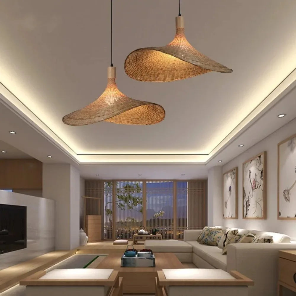 Pendant Light Rattan Hanging Lights Cord Bamboo Hanging Lamp Dimmable Basket Lamp Shade,Hemp Rope Plug in Ceiling Light Fixture - GlowMart