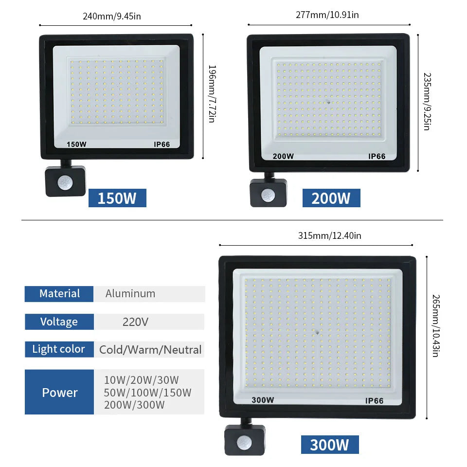 LED Flood Light PIR Motion Sensor 10W 20W 30W 50W 100W 150W 200W 300W AC220V IP66 Waterproof Spotlight Street Floodlight Outdoor - GlowMart
