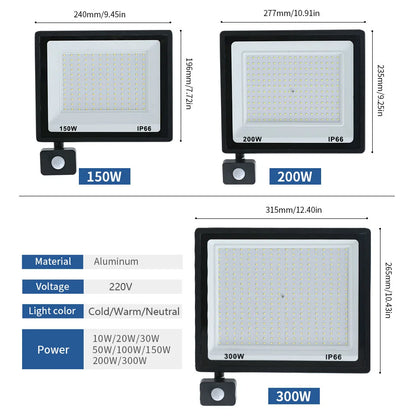 LED Flood Light PIR Motion Sensor 10W 20W 30W 50W 100W 150W 200W 300W AC220V IP66 Waterproof Spotlight Street Floodlight Outdoor - GlowMart
