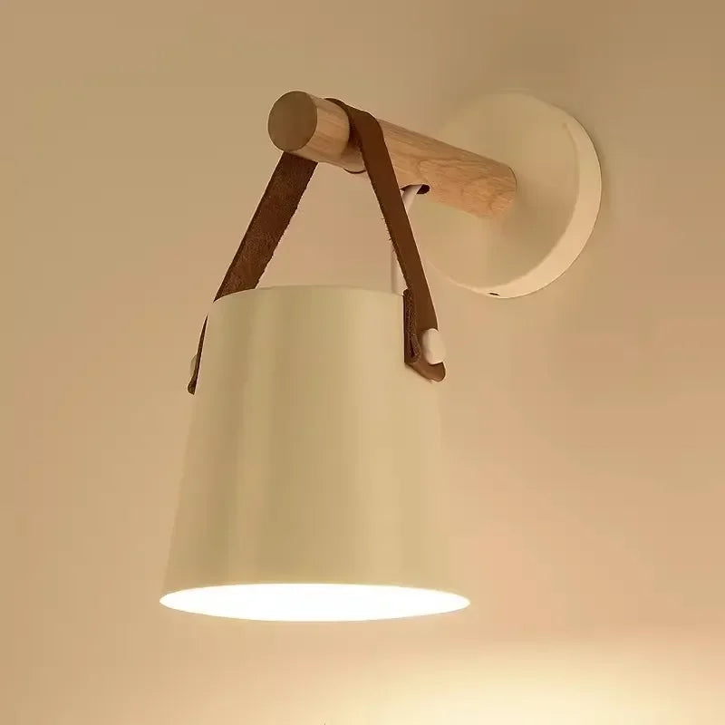 LED Bedside Wall Lamp Nordic Wood Leather Belt Hanging Sconces for Bedroom Study Living Room Modern Home Indoor Decorative Light