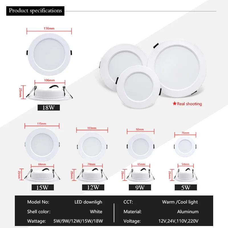 LED Downlight 5W 9W 12W 15W Recessed Ceiling Lamp AC110V 220V DC12V 24V Led Panel Down Lights Spotlight for Living Room Lighting - GlowMart
