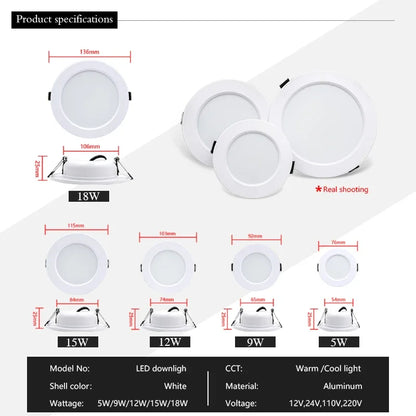 LED Downlight 5W 9W 12W 15W Recessed Ceiling Lamp AC110V 220V DC12V 24V Led Panel Down Lights Spotlight for Living Room Lighting - GlowMart