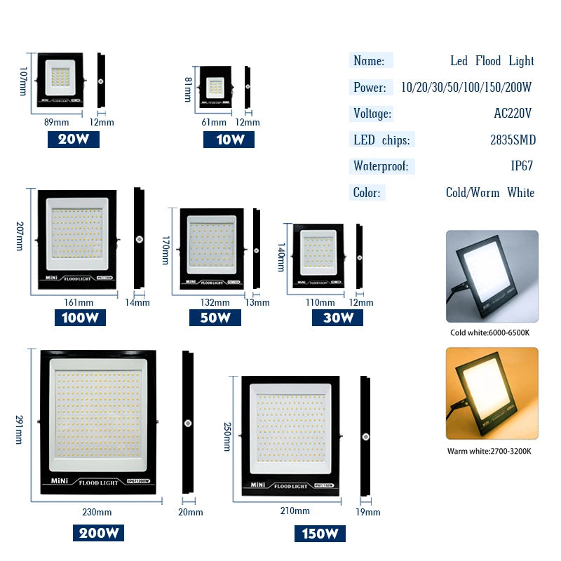 LED Flood Light 220V 10W 20W 30W 50W 100W 150W 200W IP67 Waterproof Floodlights Outdoor Garage Street Garden Yard Wall Lighting - GlowMart