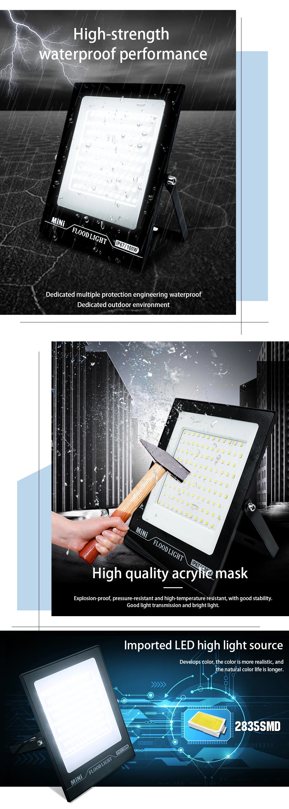 LED Flood Light 220V 10W 20W 30W 50W 100W 150W 200W IP67 Waterproof Floodlights Outdoor Garage Street Garden Yard Wall Lighting - GlowMart