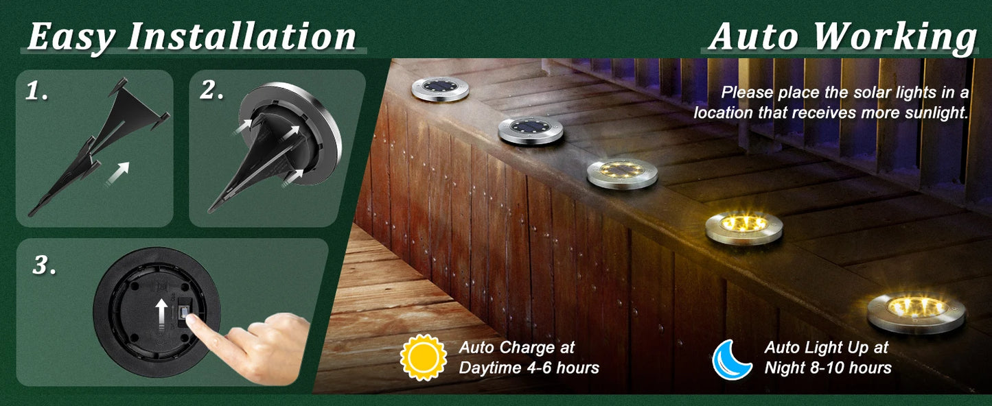 8LED Solar Garden Lights Outdoor Waterproof Sidewalk Disk Bright In-Ground Landscape Lighting for Lawn Patio Pathway Yard Steps