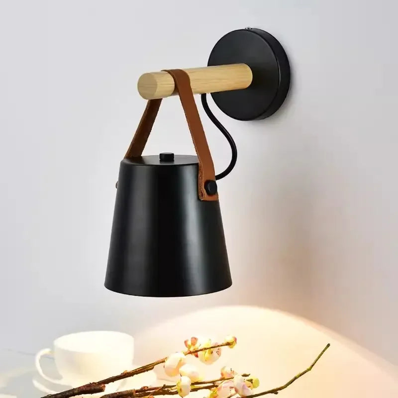 LED Bedside Wall Lamp Nordic Wood Leather Belt Hanging Sconces for Bedroom Study Living Room Modern Home Indoor Decorative Light