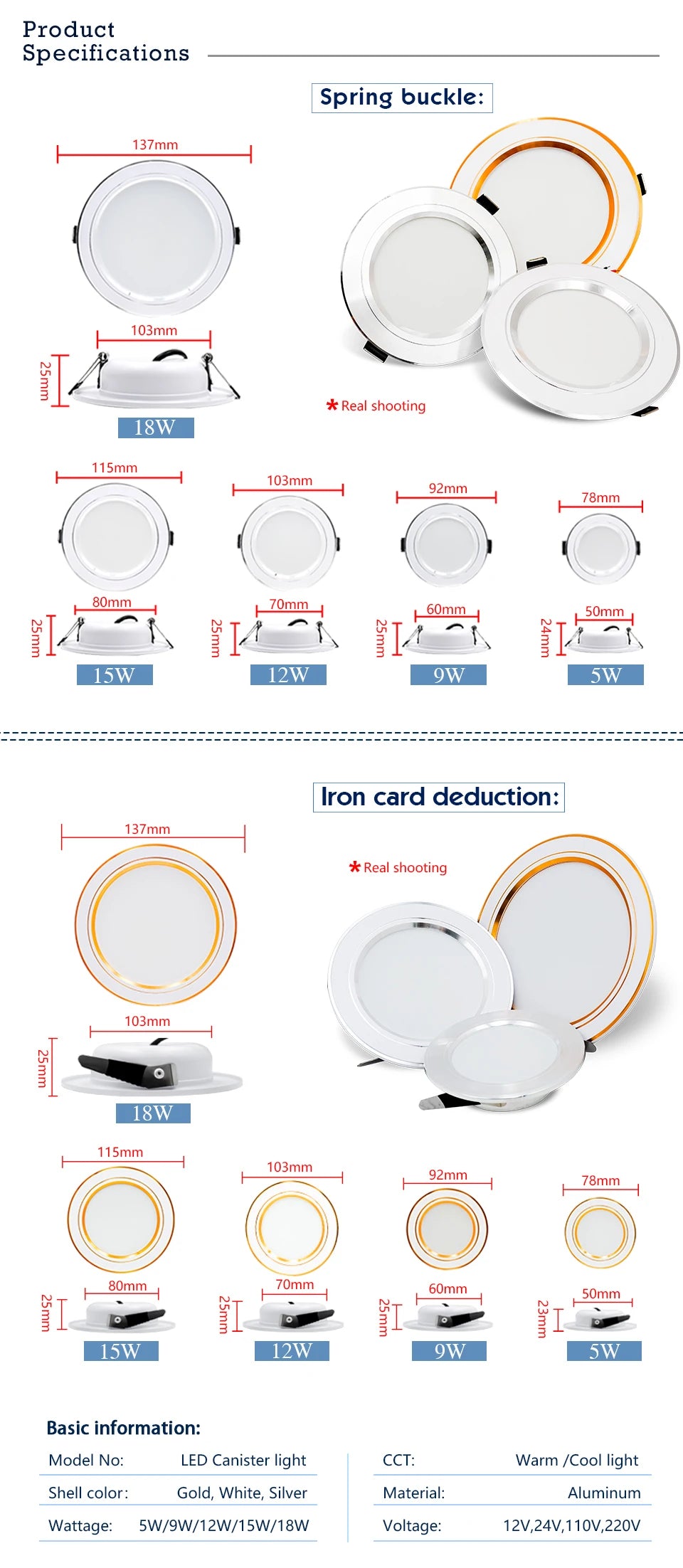 Led Downlight Recessed Round Ceiling Lamps DC 12V 24V AC110V 220V 5W 9W 12W 15W 18W Spotlight For Home Decor Living Room - GlowMart